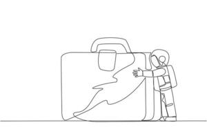 Single one line drawing young energetic astronaut hugging giant  briefcase. Hugging a favorite bag that accompanied the expedition on the moon surface. Continuous line design graphic illustration vector