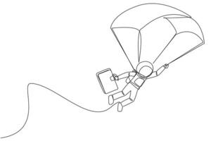 Continuous one line drawing young energetic astronaut flying with parachute holding briefcase. Tidy up parachute and then join the expedition team on earth. Single line draw design vector illustration