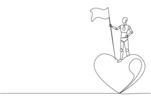 Single one line drawing of robot standing on giant symbol heart holding flag of victory. Robot like a man who can doing charity. Future robotic. Smart. Continuous line design graphic illustration vector