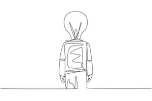 Single continuous line drawing astronaut with lightbulb instead of head, stand facing forward. The concept of astronaut's head is filled with many brilliant ideas. One line design vector illustration