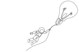 Single continuous line drawing astronaut holding on to a flying lightbulb. Expeditions that depend on the best ideas and innovations. Cosmic galaxy deep space. One line design vector illustration