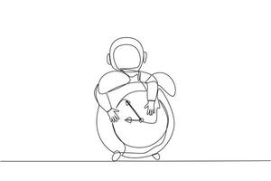 Single one line drawing young energetic astronaut hugging alarm clock. Reminder, the space flight must been completed. Expedition data must be complete. Continuous line design graphic illustration vector