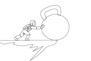 Single continuous line drawing astronaut pushes giant kettlebell over the edge of a cliff. Exercise builds muscle in space. The concept of tough man in outer space. One line design vector illustration