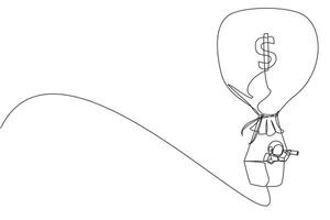 Single one line drawing young energetic astronaut using monocular, flying with hot air balloon money bag. Highlights to the moon surface. Galaxy deep space. Continuous line design graphic illustration vector