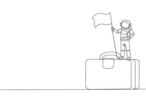 Single one line drawing young energetic astronaut standing on giant briefcase holding fluttering flag. Mission accomplished, it's time to return to earth. Continuous line design graphic illustration vector