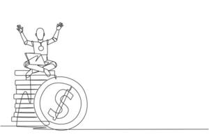 Single continuous line drawing robotic artificial intelligence sitting on stack of giant coins sign dollar holding laptop raise both hands. Robot collecting money. One line design vector illustration