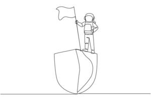 Single one line drawing young energetic astronaut standing on giant shield holding fluttering flag. Protect itself by wearing full astronaut suits. Space. Continuous line design graphic illustration vector