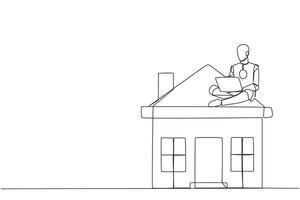 Single continuous line drawing robotic artificial intelligence sitting on miniature house typing laptop. Marketing division robot. Selling houses via internet and social media. One line design vector