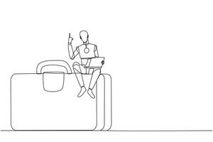 Continuous one line drawing robotic artificial intelligence sitting on giant briefcase holding laptop raise one hand. Programming robots can travel on business. Single line design vector illustration