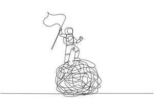 Continuous one line drawing young energetic astronaut standing on giant tangled circle holding fluttering flag. Tangles in space. Trouble outer space. Hectic. Single line design vector illustration