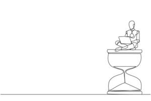 Continuous one line drawing robotic artificial intelligence sitting on giant hourglass typing laptop. Electronic technology industry. Future modern robotic. Single line draw design vector illustration