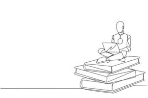 Single one line drawing robotic artificial intelligence sitting on stack of giant books typing laptop. Summarize scientific studies. Future technology. Continuous line design graphic illustration vector