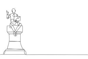 Continuous one line drawing robotic artificial intelligence sitting on giant chess piece rook holding laptop raise one hand. Future technology concept. Single line draw design vector illustration