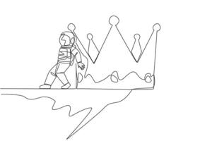 Single one line drawing astronaut pushed giant crown down with his back from the edge of the cliff. Achievement of a successful expedition without a crown. Continuous line design graphic illustration vector