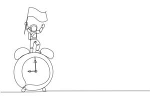 Continuous one line drawing young astronaut standing on giant alarm clock holding fluttering flag. Alarm clock went off as signal to prepare for returning home. Single line design vector illustration