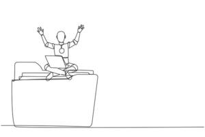 Single one line drawing robotic artificial intelligence sitting on giant folder holding laptop raise both hands. Robot restore data in folder was attacked by hackers. Continuous line design graphic vector