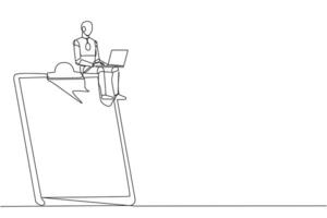 Single continuous line drawing robotic artificial intelligence sitting on giant clipboard typing laptop. Modern robot double-check work. Technology future concept. One line design vector illustration