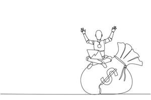 Single continuous line drawing robotic artificial intelligence sitting on giant money bag holding laptop raise both hands. Successful robotic. Future technology. One line design vector illustration