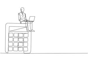 Continuous one line drawing of robotic artificial intelligence sitting on giant calculator typing on laptop. Modern robot analyzes financial. Electronic technology industry. Single line design vector