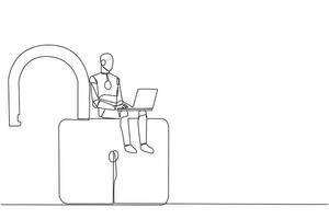 Single continuous line drawing robotic artificial intelligence sitting on big open padlock typing laptop. Hacker robots hack multiple accounts for abuse. Criminal. One line design vector illustration