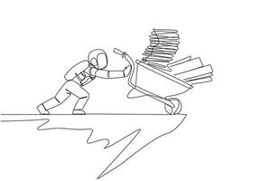 Single continuous line drawing Astronauts push wheelbarrow filled with stacks of paper and binders over the edge of cliff. The concept of tough man in outer space. One line design vector illustration