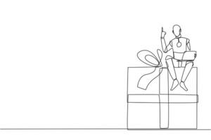 Single one line drawing robotic artificial intelligence sitting on giant gift box holding laptop raise one hand. Robots like humans. Likes to give gifts. Continuous line design graphic illustration vector