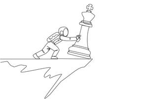 Single one line drawing astronaut pushes giant chess piece of king over the edge of a cliff. Lost leader during an expedition on the lunar surface. Cosmic. Continuous line design graphic illustration vector