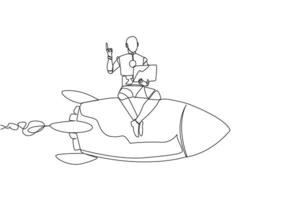 Continuous one line drawing robotic artificial intelligence sitting on flying rocket holding laptop raise one hand. Modern robots with future technology. Single line draw design vector illustration