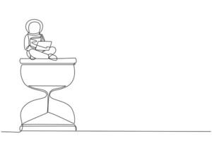 Single continuous line drawing young energetic astronaut sitting on giant hourglass typing laptop. Countdown until the time to return to earth arrives. Galaxy cosmic. One line vector illustration