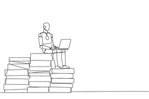 Single one line drawing robotic artificial intelligence sitting on pile of giant documents typing laptop. Robot scanning old documents to save in soft copy format. Continuous line graphic illustration vector