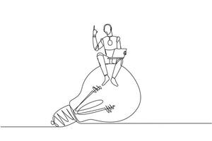 Single one line drawing robotic artificial intelligence sitting on giant lightbulb holding laptop raise one hand. Future technology development concept. Continuous line design graphic illustration vector