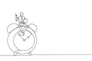 Single continuous line drawing robotic artificial intelligence sitting on giant alarm clock holding laptop raise one hand. Electronic technology industry. Future. One line design vector illustration