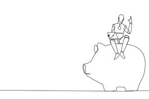 Continuous one line drawing robotic artificial intelligence sitting on big piggy bank holding laptop raise one hand. Robots make investments. Future concept. Single line design vector illustration