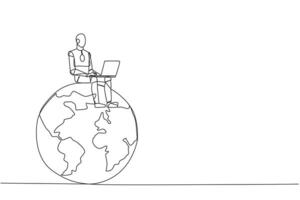 Continuous one line drawing robotic artificial intelligence sitting on giant globe typing laptop. Electronic technology industry development. Future tech. Single line draw design vector illustration