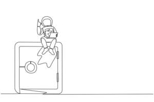 Single continuous line drawing young energetic astronaut sitting on giant safe deposit box holding laptop raise one hand. Store expedition data in a safe place. One line design vector illustration