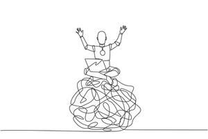 Single one line drawing robotic artificial intelligence sitting on giant tangled circle holding laptop raise both hands. Anti-anxiety robot. Future tech. Continuous line design graphic illustration vector
