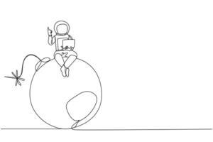 Single continuous line drawing young astronaut sitting on large bomb with a burning fuse holding laptop raise one hand. Reckless expeditions jeopardize research. One line design vector illustration