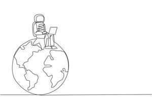 Single one line drawing young energetic astronaut sitting on giant globe typing laptop. Received an email from earth to quickly complete the expedition. Continuous line design graphic illustration vector