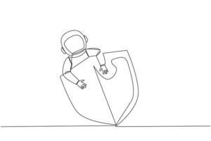 Single continuous line drawing young energetic astronaut hugging shield. Request additional protection to make expeditions in space safer. Cosmic galaxy deep space. One line design vector illustration