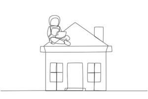 Continuous one line drawing young astronaut sitting on miniature house typing laptop. Astronauts on the surface of moon transferring mortgage payments. Single line draw design vector illustration