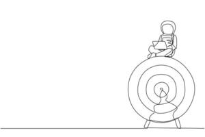 Continuous one line drawing young astronaut sitting on giant arrow board target typing laptop. Focus on solving expeditions have problems with first-degree damage. Single line draw vector illustration