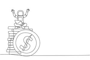 Single continuous line drawing young astronaut sitting on stack of giant coins holding laptop raise both hands. The joy of collecting lots of coins on the surface of moon. One line vector illustration
