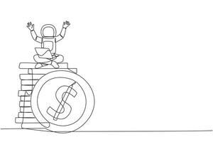 Single continuous line drawing young astronaut sitting on stack of giant coins holding laptop raise both hands. The joy of collecting lots of coins on the surface of moon. One line vector illustration