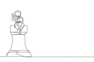 Single one line drawing young astronaut sitting on giant chess piece of rook holding laptop raise one hand. Knowing smart strategies in completing expedition missions. Continuous line design graphic vector