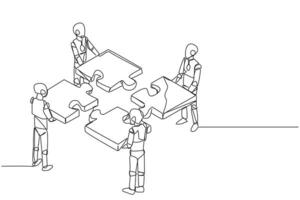 soltero uno línea dibujo cuatro robótica artificial inteligencia en pie con cada participación un rompecabezas piezas. trabajo en equipo a poner juntos el rompecabezas. futuro tecnología continuo línea diseño gráfico ilustración vector