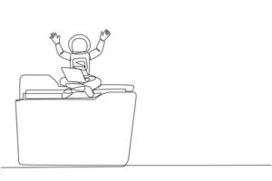 Single one line drawing young energetic astronaut sitting on giant folder holding laptop raise both hands. Delight in the success of fixing the broken expedition data. Continuous line design graphic vector