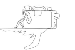 Single continuous line drawing robot pushes giant briefcase down with its back from the edge of cliff. Robotic artificial intelligence. Future technology concept. One line design vector illustration