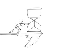 Single one line drawing robot pushes down a giant hourglass from the edge of cliff. Eliminate obstacles in the form of deadlines. Future technology concept. Continuous line design graphic illustration vector
