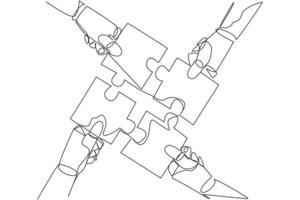 Continuous one line drawing four robot hands holding a puzzle piece each other. Doing teamwork to assemble puzzle pieces into one shape. Future AI tech. Single line draw design vector illustration