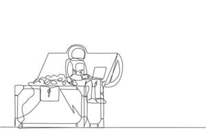 Single continuous line drawing young energetic astronaut sitting on open giant treasure chest typing laptop. Finding treasure chests on the surface of the moon. One line design vector illustration